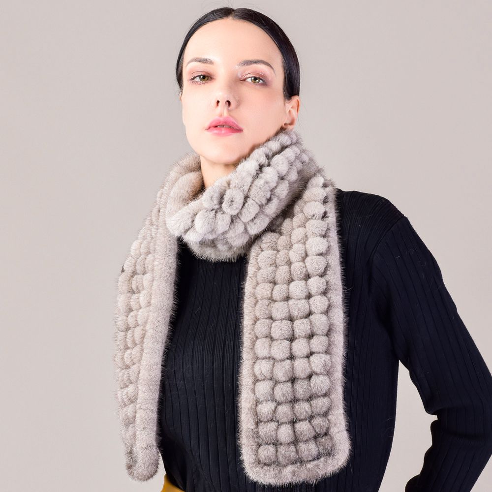 Hand-knitted Playful Pom-Pom Real Mink Fur Scarf for Women Luxury Winter Scarf