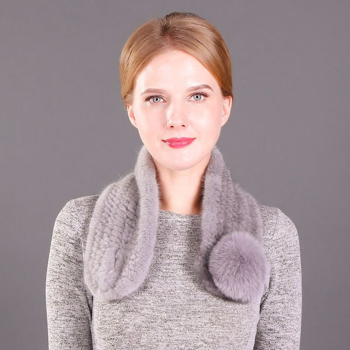 Women's Real Mink Fur Scarf with Fox Fur Pom-Pom Soft Luxury Winter Neck Warmer Lightweight & Elegant Collar Wrap