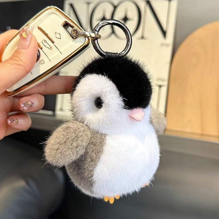 Luxury Real Mink Fur Penguin Keychain Premium Fluffy Animal Bag Charm Car Key Ring Accessory