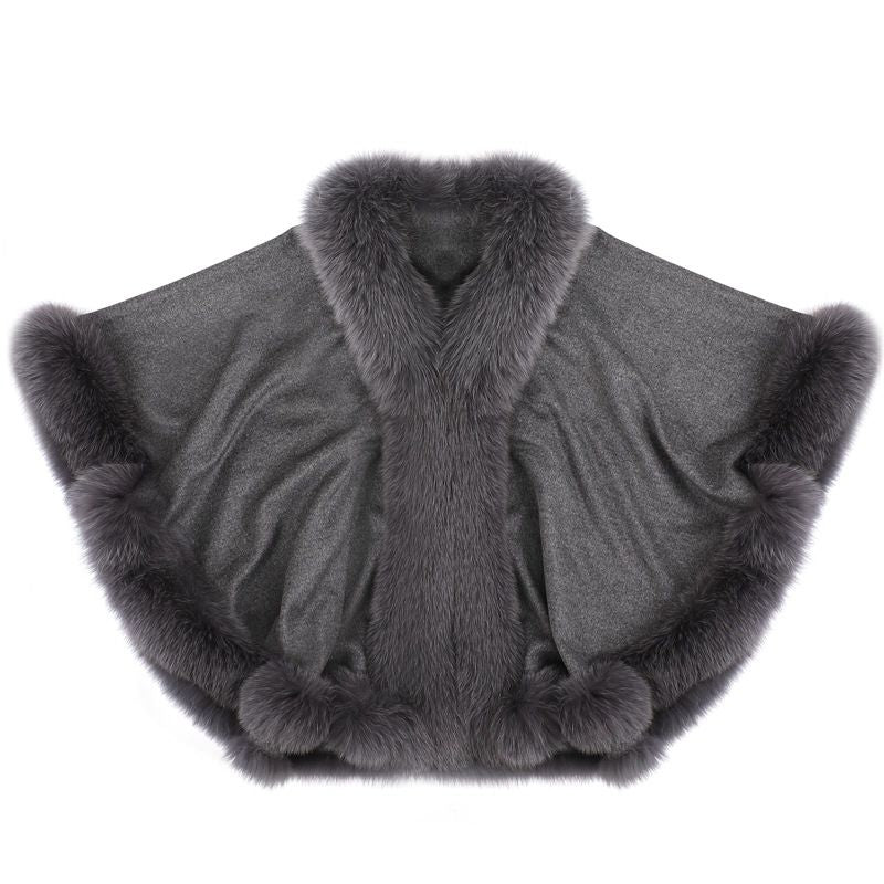 Women’s Oversized Cashmere Poncho Cape with Real Fox Fur Trim