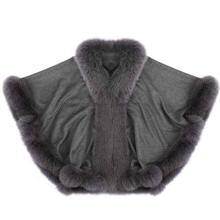 Women’s Oversized Cashmere Poncho Cape with Real Fox Fur Trim