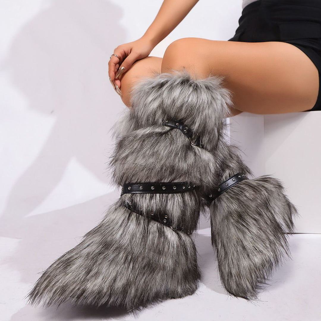 Womens Faux Fur Boot Winter Fluffy Long Furry Boots for Girls Outdoor Fuzzy Knee-High Sexy Snow Boots with Cross Straps and Buckle