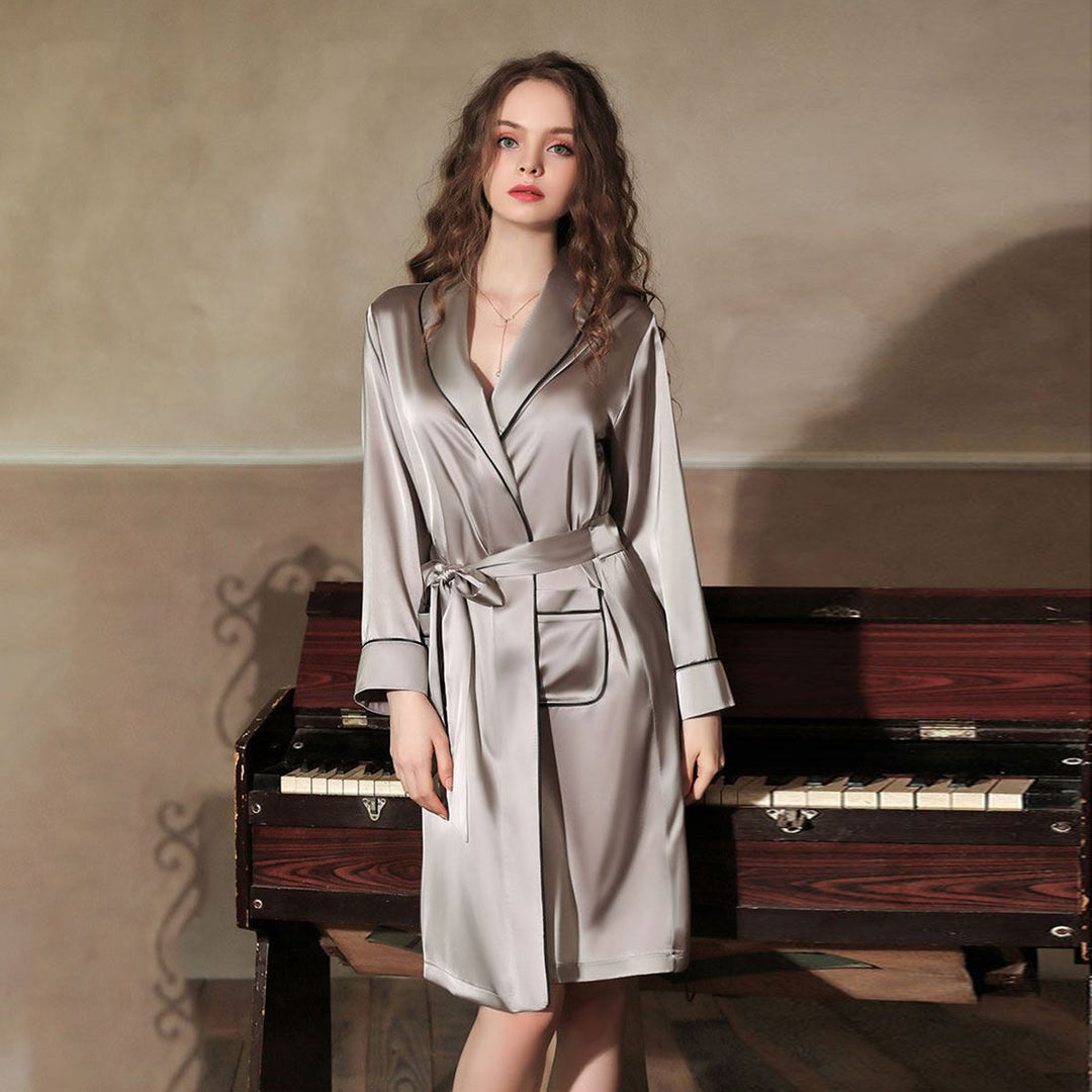 22 Momme Luxury Piped Fixed Waist Belt Women's 100% Silk Robe with Big Pockets