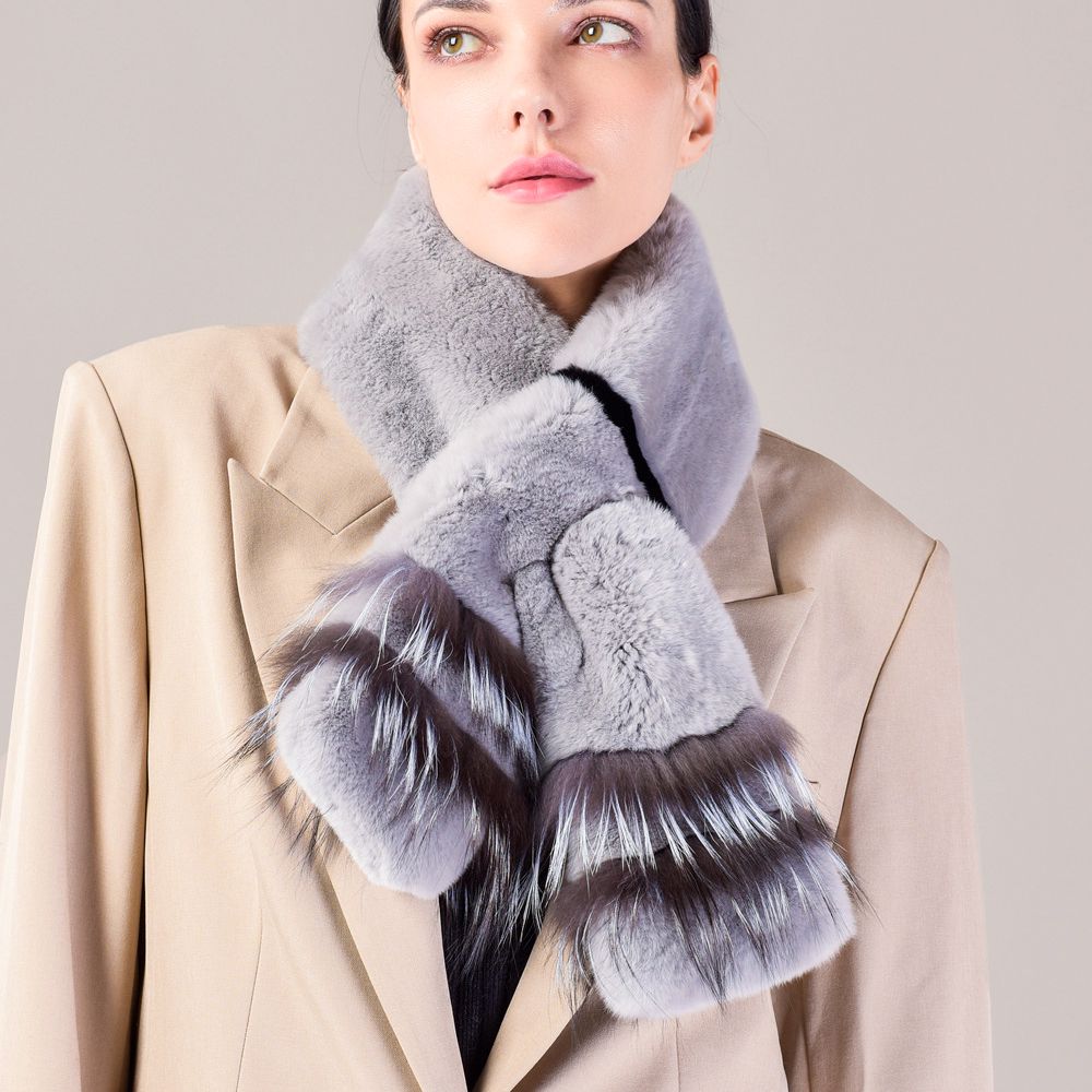 Soft Rabbit Fur Scarf with Fox Fur Trim Fashionable Two-Tone Women Winter Scarf