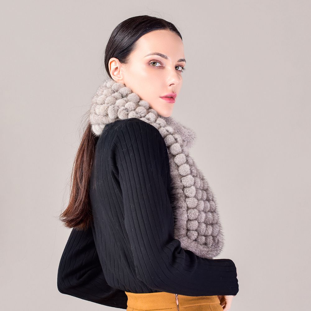 Hand-knitted Playful Pom-Pom Real Mink Fur Scarf for Women Luxury Winter Scarf