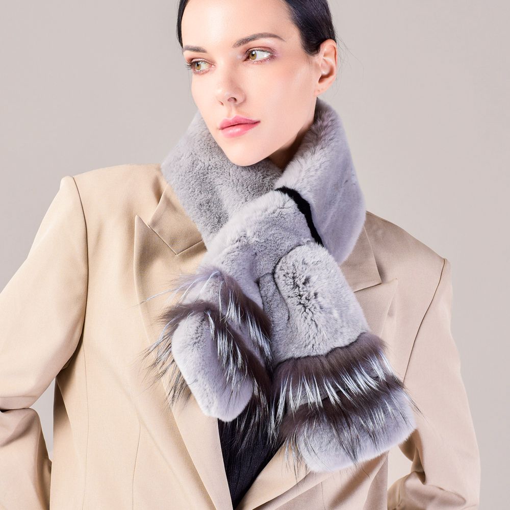 Soft Rabbit Fur Scarf with Fox Fur Trim Fashionable Two-Tone Women Winter Scarf