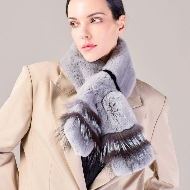 Soft Rabbit Fur Scarf with Fox Fur Trim Fashionable Two-Tone Women Winter Scarf