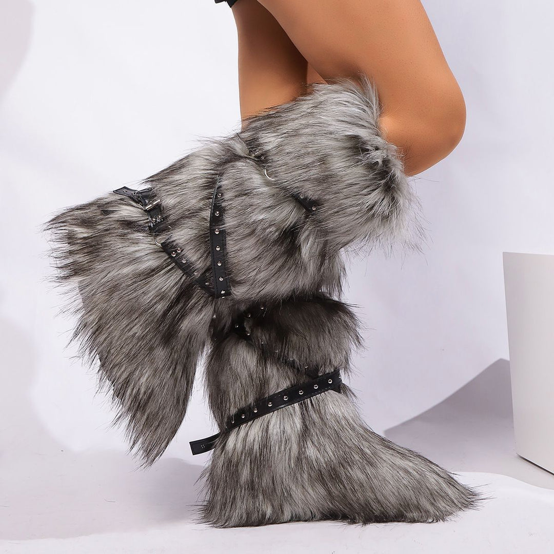 Womens Faux Fur Boot Winter Fluffy Long Furry Boots for Girls Outdoor Fuzzy Knee-High Sexy Snow Boots with Cross Straps and Buckle