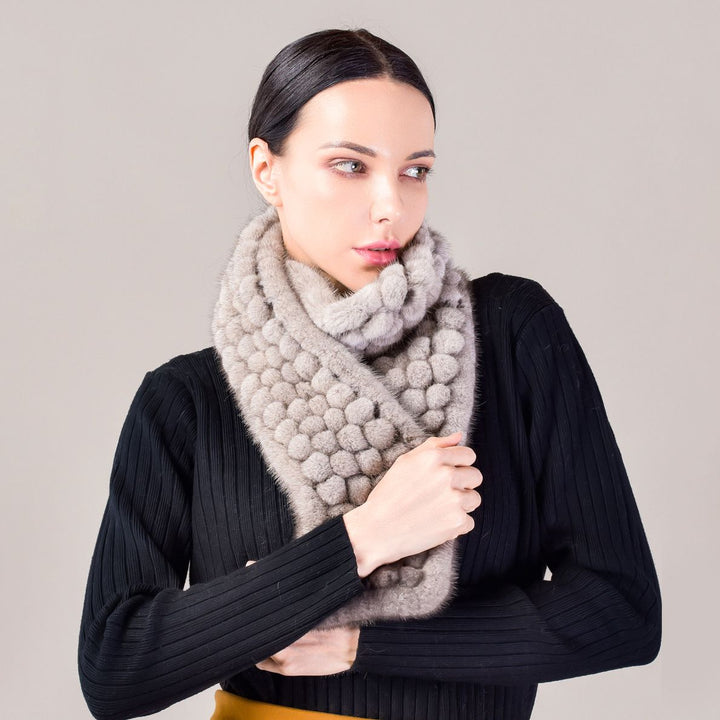 Hand-knitted Playful Pom-Pom Real Mink Fur Scarf for Women Luxury Winter Scarf
