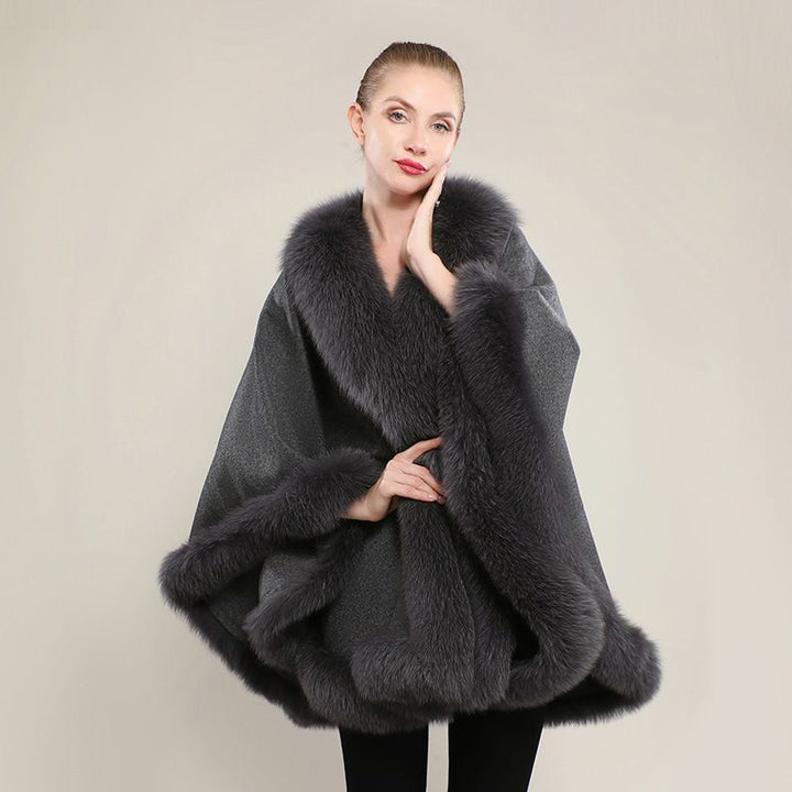 Women’s Oversized Cashmere Poncho Cape with Real Fox Fur Trim