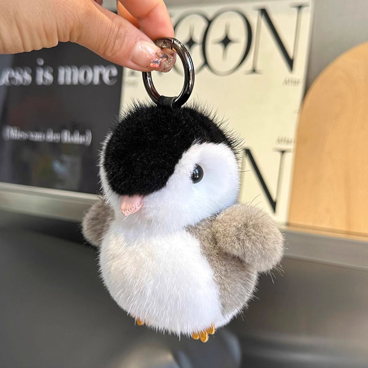 Luxury Real Mink Fur Penguin Keychain Premium Fluffy Animal Bag Charm Car Key Ring Accessory