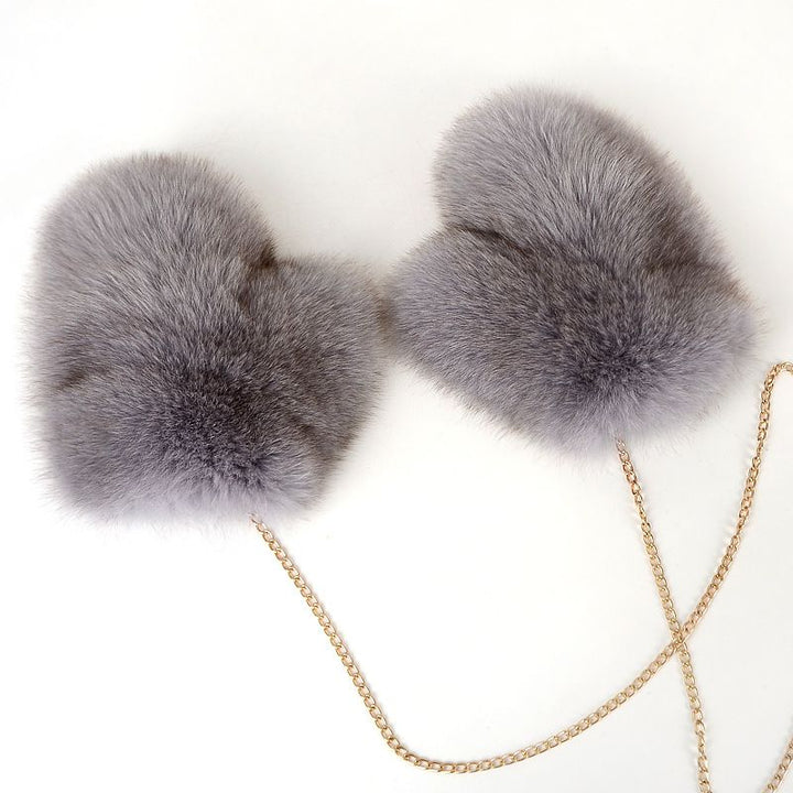 Luxury Real Fox Fur Mittens with Chain Strap Warm Winter Leather Fur Gloves for Women