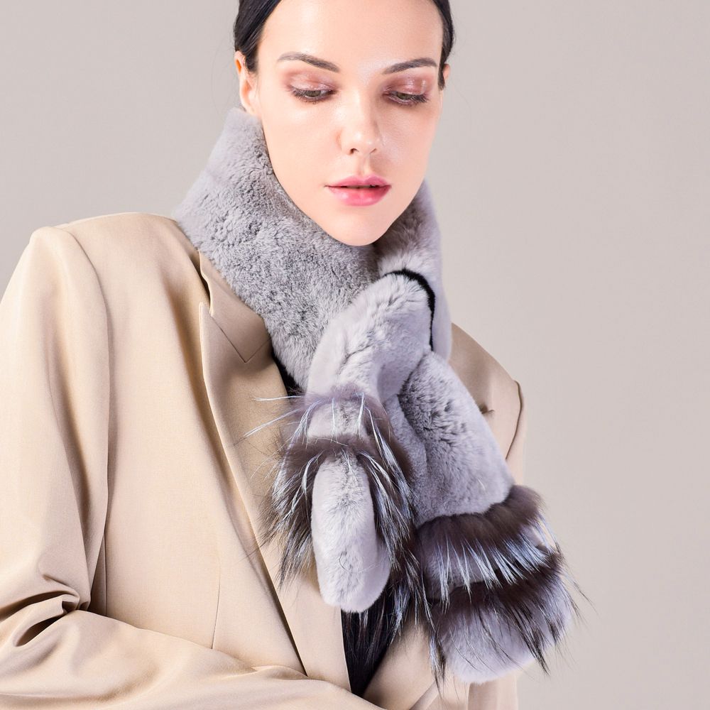 Soft Rabbit Fur Scarf with Fox Fur Trim Fashionable Two-Tone Women Winter Scarf