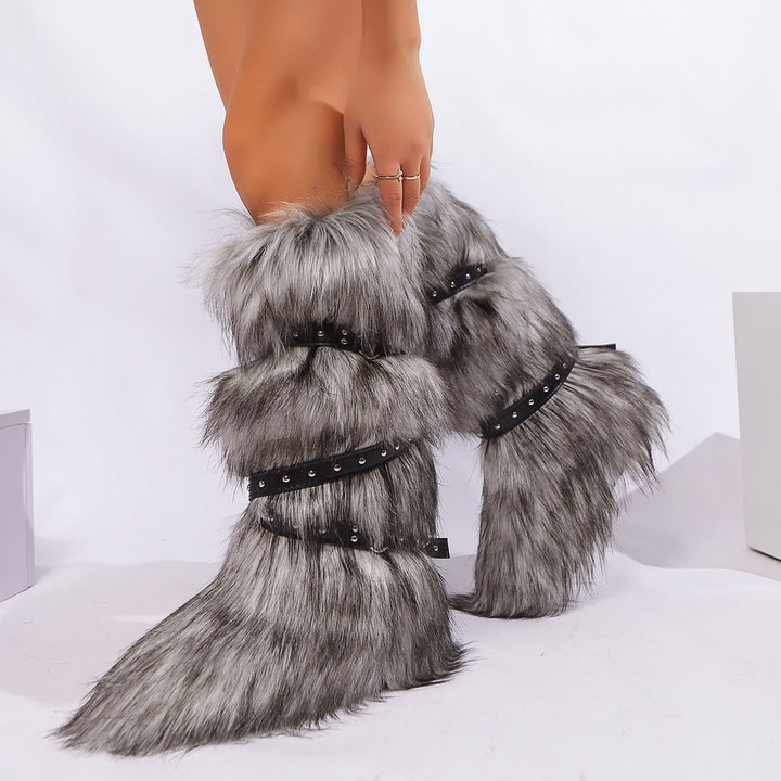 Womens Faux Fur Boot Winter Fluffy Long Furry Boots for Girls Outdoor Fuzzy Knee-High Sexy Snow Boots with Cross Straps and Buckle