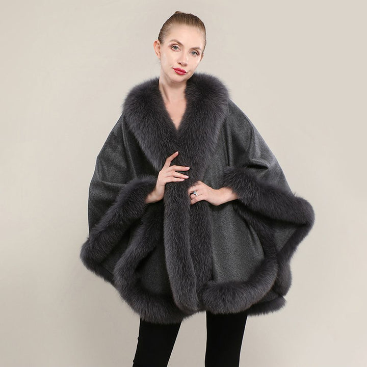 Women’s Oversized Cashmere Poncho Cape with Real Fox Fur Trim
