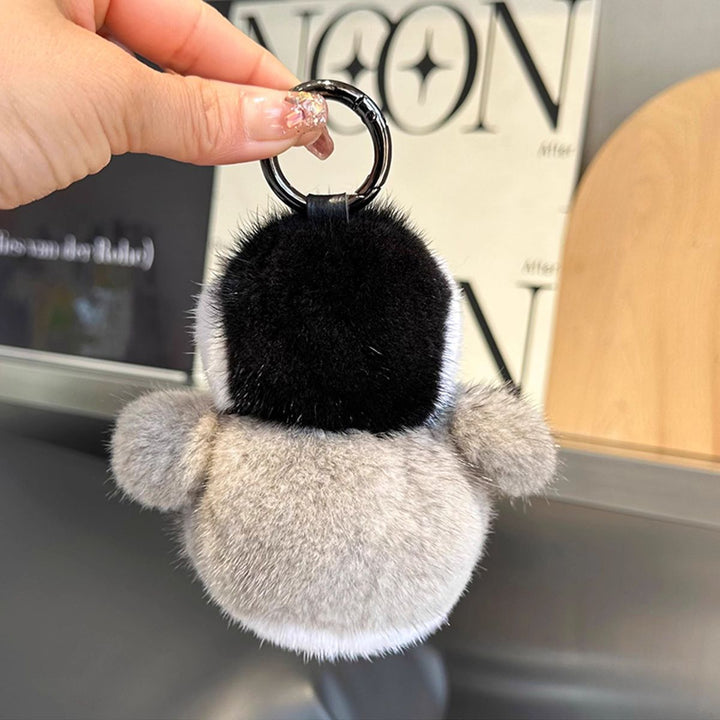 Luxury Real Mink Fur Penguin Keychain Premium Fluffy Animal Bag Charm Car Key Ring Accessory