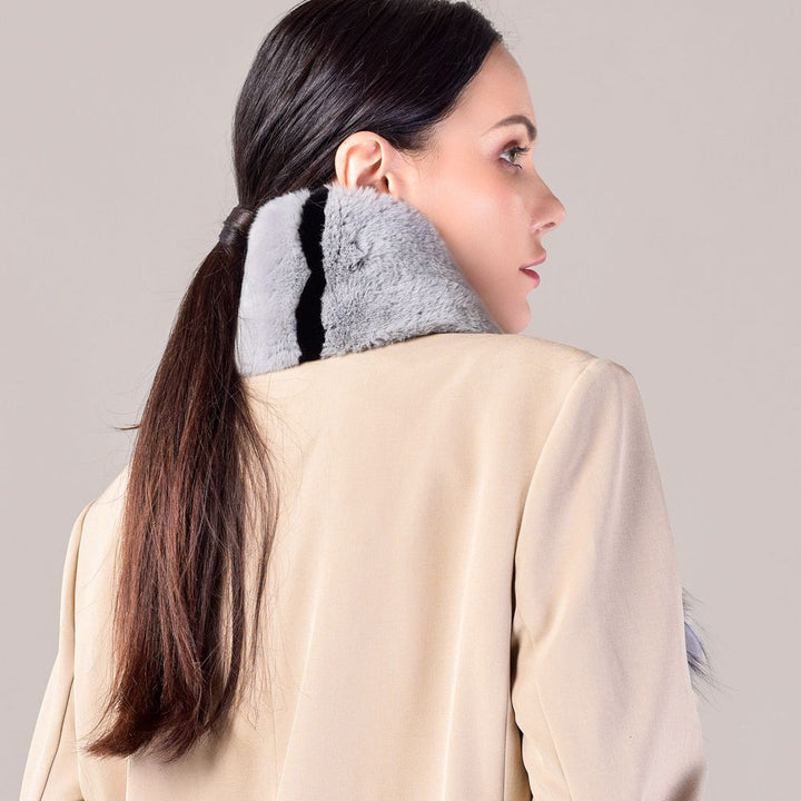Soft Rabbit Fur Scarf with Fox Fur Trim Fashionable Two-Tone Women Winter Scarf