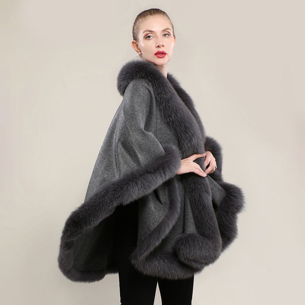 Women’s Oversized Cashmere Poncho Cape with Real Fox Fur Trim
