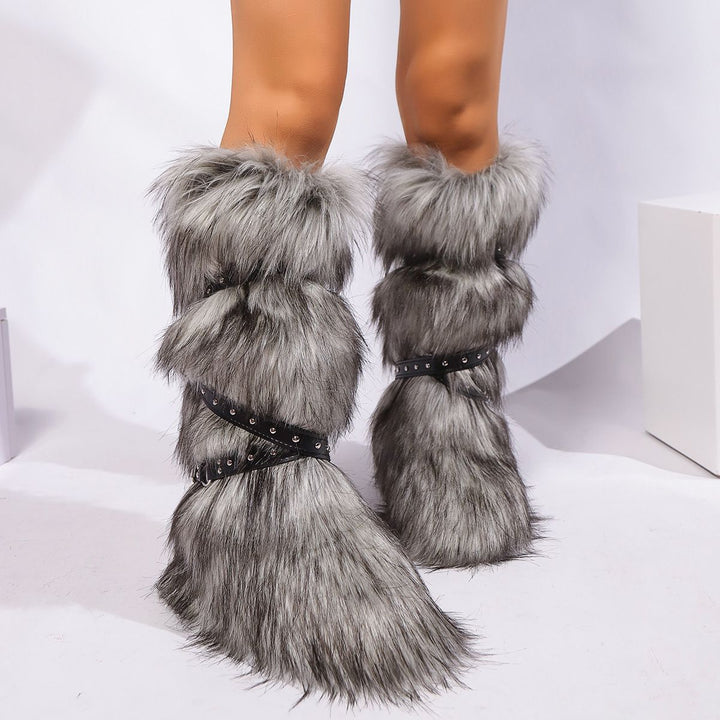 Womens Faux Fur Boot Winter Fluffy Long Furry Boots for Girls Outdoor Fuzzy Knee-High Sexy Snow Boots with Cross Straps and Buckle