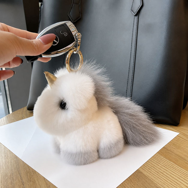 Real Rabbit Fur Unicorn Keychain Luxury Plush Bag Charm Car Key Ring Accessory
