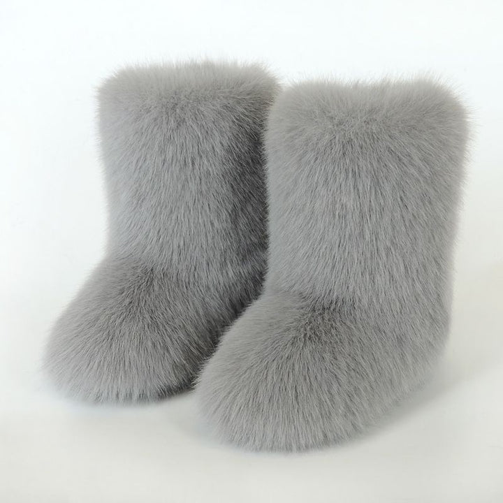 Faux Fox Fur Snow Boots for Women Winter Furry Cozy Slip-On Ankle Fur Boots