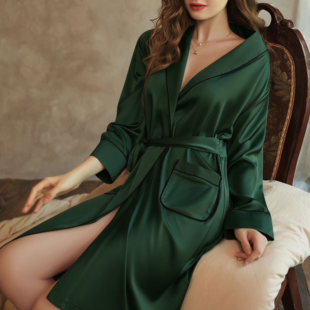 22 Momme Luxury Piped Fixed Waist Belt Women's 100% Silk Robe with Big Pockets