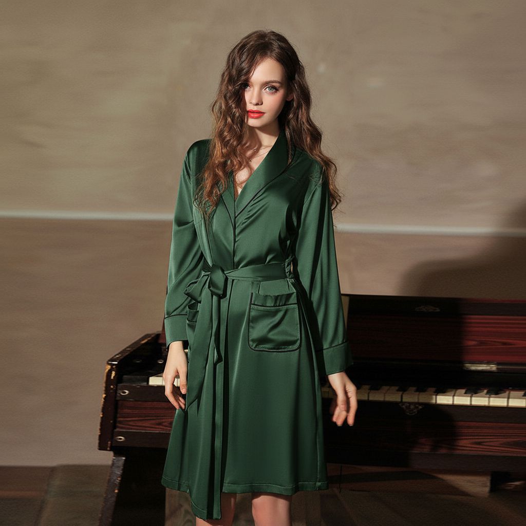 22 Momme Luxury Piped Fixed Waist Belt Women's 100% Silk Robe with Big Pockets