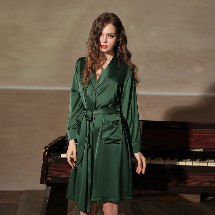 22 Momme Luxury Piped Fixed Waist Belt Women's 100% Silk Robe with Big Pockets
