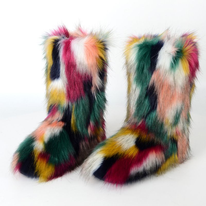 Vibrant Patchwork Faux Fur Boots Women Colorful Winter Furry Snow Boots Footwear