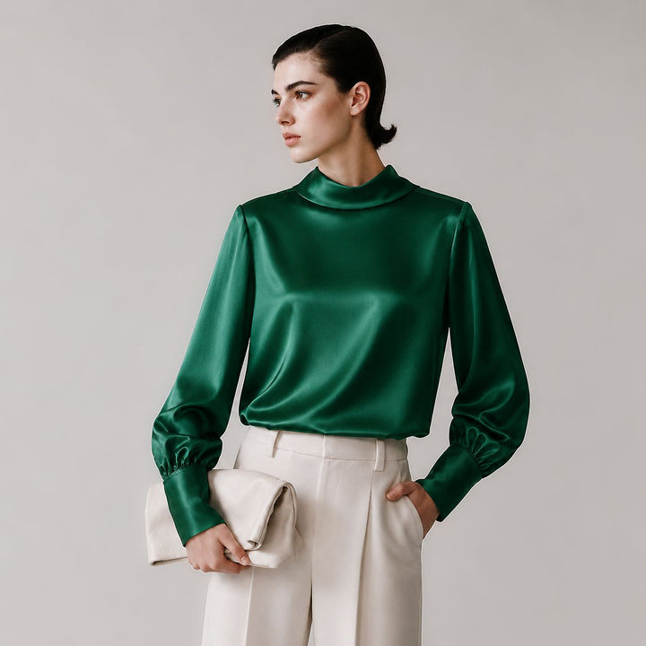 Elegant Long Sleeve High-Neck 100% Mulberry Silk Blouse for Women