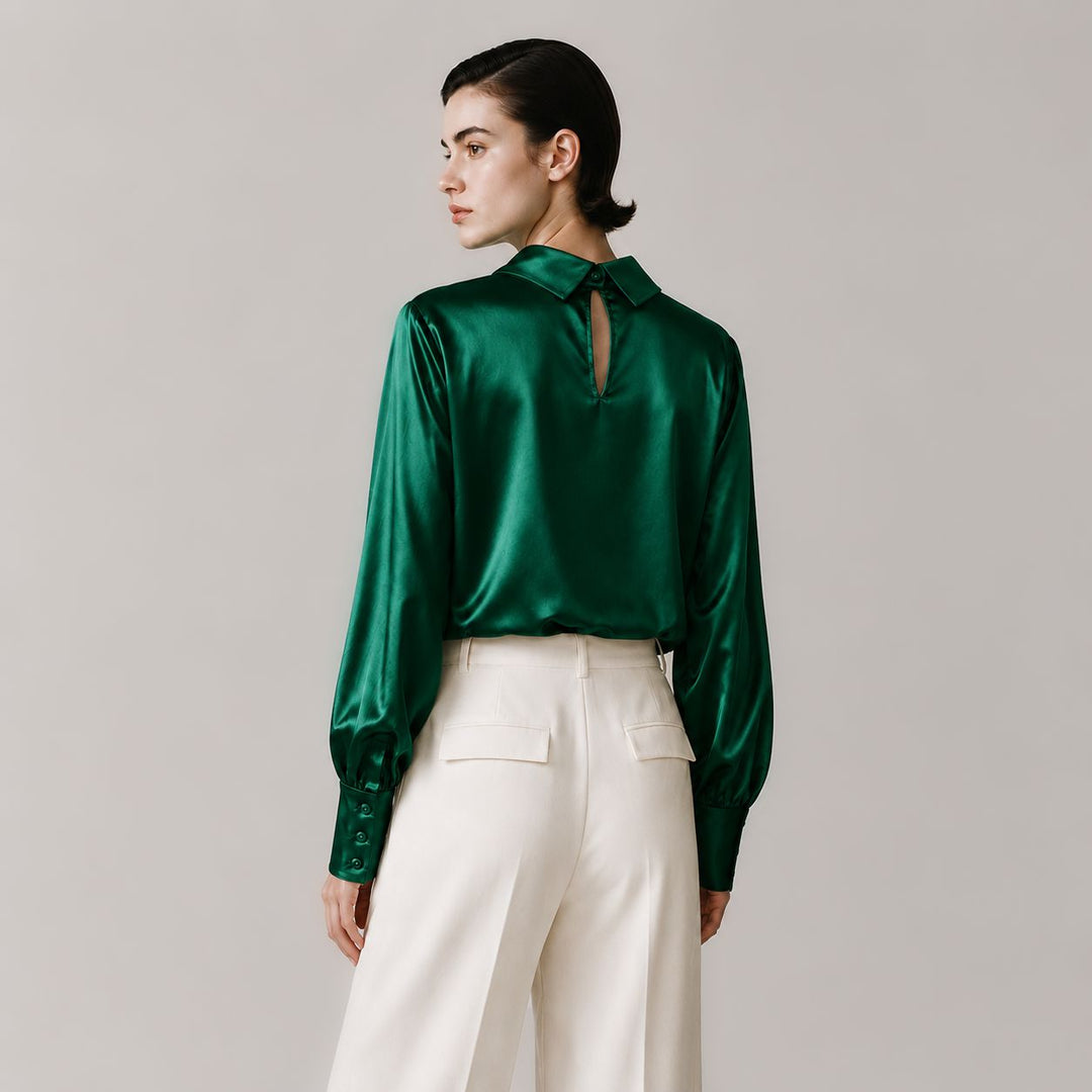 Elegant Long Sleeve High-Neck 100% Mulberry Silk Blouse for Women