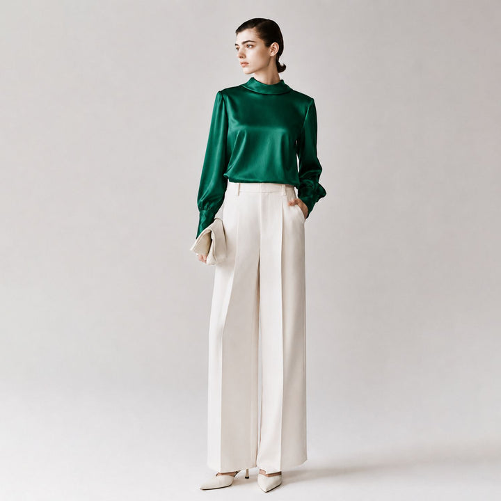 Elegant Long Sleeve High-Neck 100% Mulberry Silk Blouse for Women