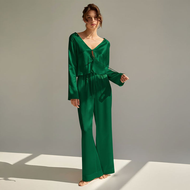 22 Momme Sexy Tie-Front  V-Neck Long Sleeve Silk Pajama Set for Women