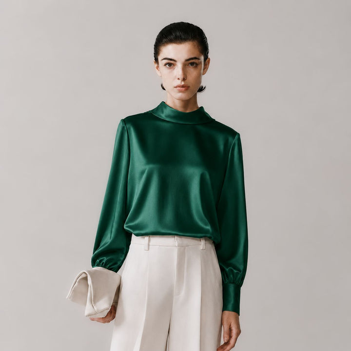 Elegant Long Sleeve High-Neck 100% Mulberry Silk Blouse for Women