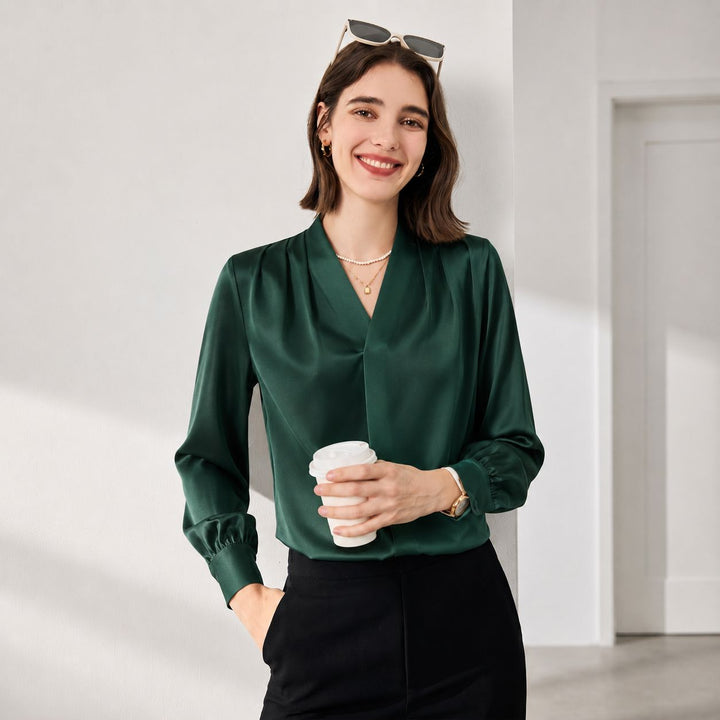 22 Momme Women's V-Neck Draped Front Long Sleeve Silk Blouse