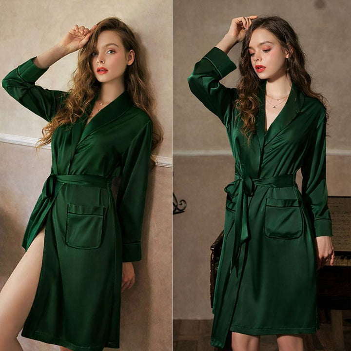 22 Momme Luxury Piped Fixed Waist Belt Women's 100% Silk Robe with Big Pockets
