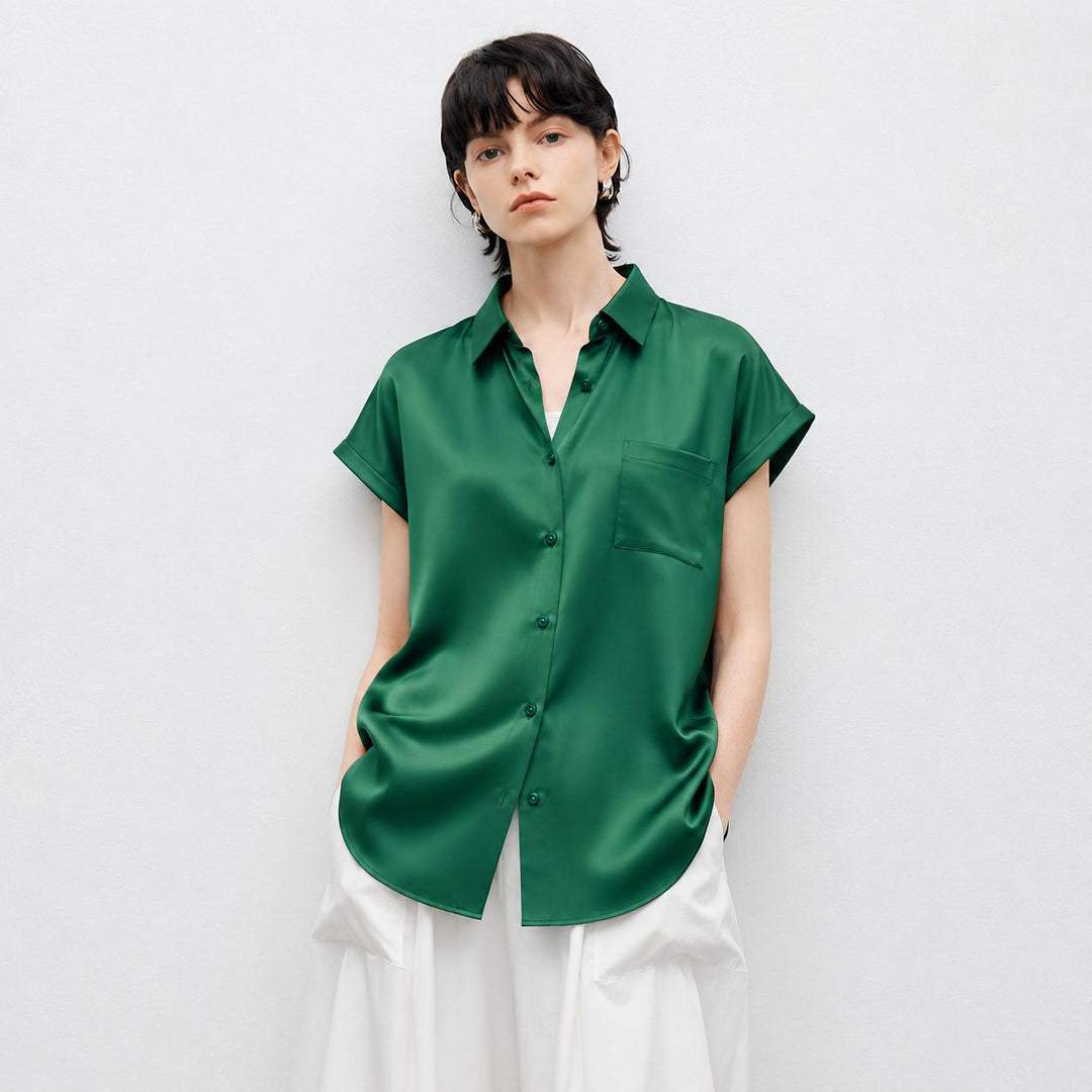 Relaxed Fit Luxury Mulberry Silk Cap Sleeve Shirt Blouse For Women
