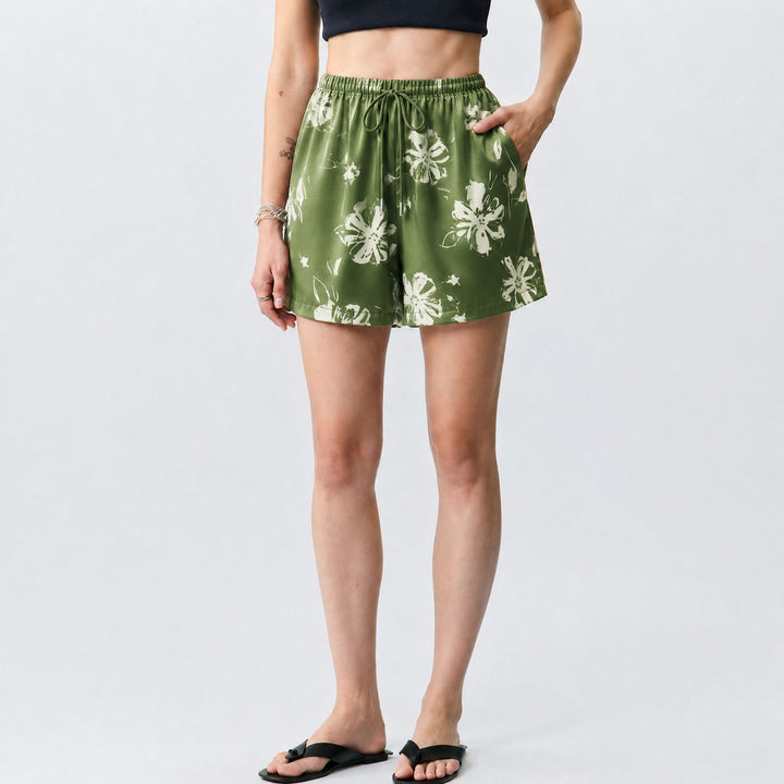 Washable Silk Green Floral Lounge Shorts For Women