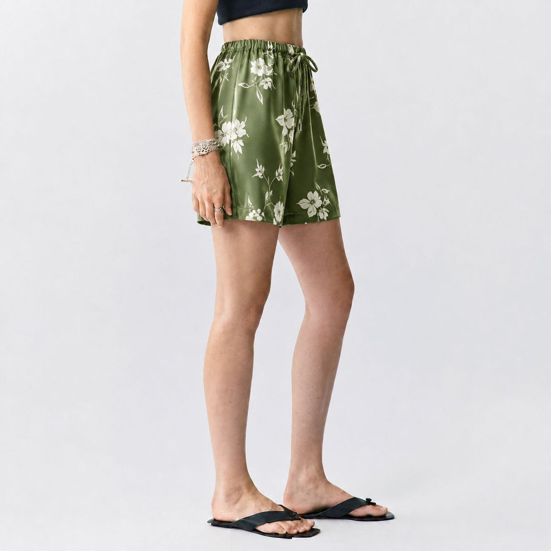 Washable Silk Green Floral Lounge Shorts For Women