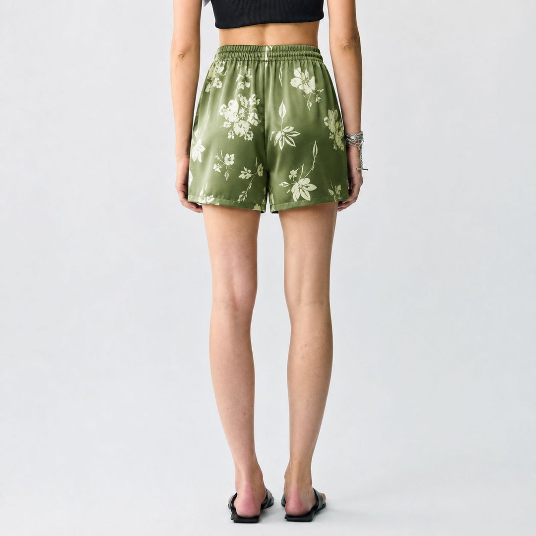 Washable Silk Green Floral Lounge Shorts For Women