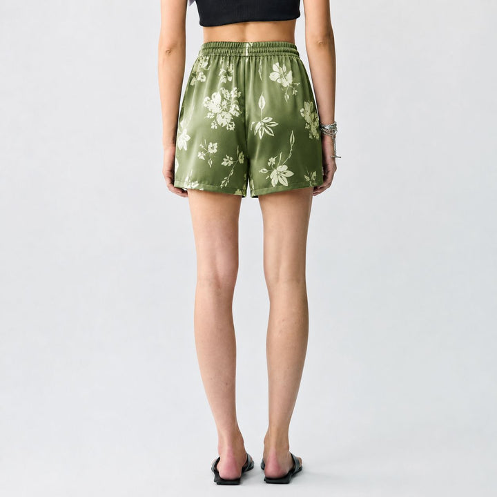 Washable Silk Green Floral Lounge Shorts For Women