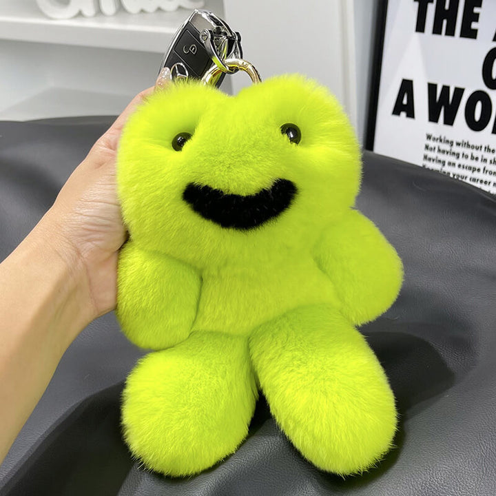 Cute Green Frog Real Rabbit Fur Keychain Large Fluffy Soft Bag Charm Plush Key Ring