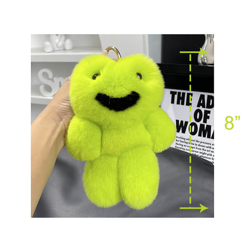 Cute Green Frog Real Rabbit Fur Keychain Large Fluffy Soft Bag Charm Plush Key Ring