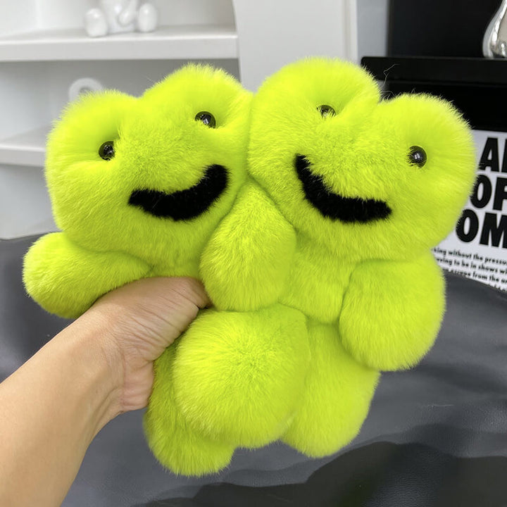 Cute Green Frog Real Rabbit Fur Keychain Large Fluffy Soft Bag Charm Plush Key Ring