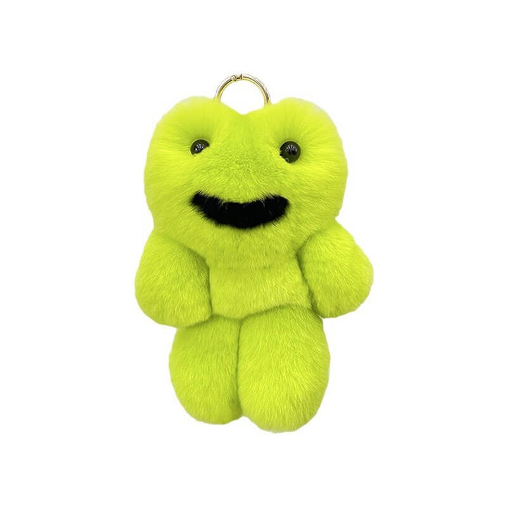 Cute Green Frog Real Rabbit Fur Keychain Large Fluffy Soft Bag Charm Plush Key Ring