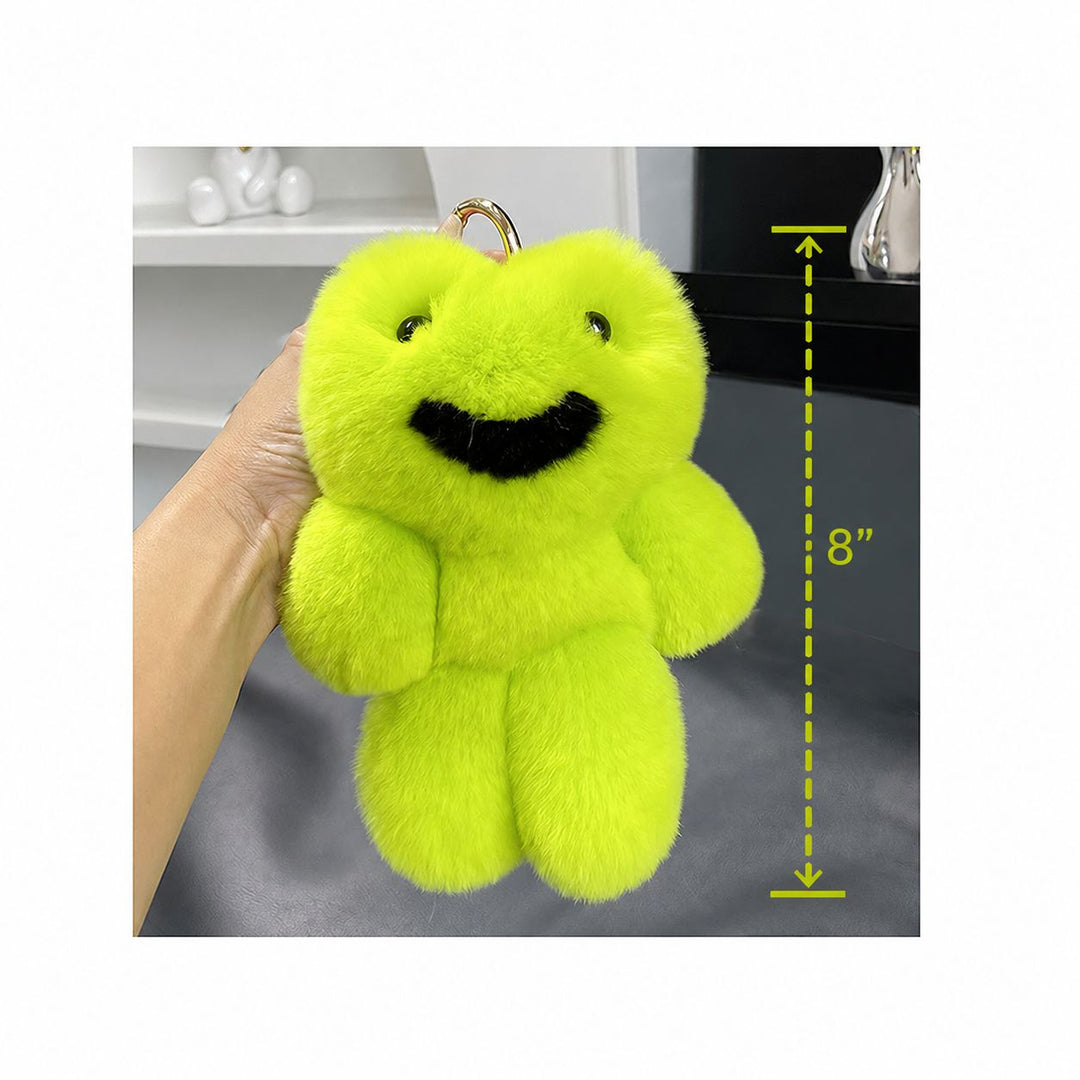 Fake-Smile Frog Funny Green Animal Real Rabbit Fur Keychain Plush Bag Charm