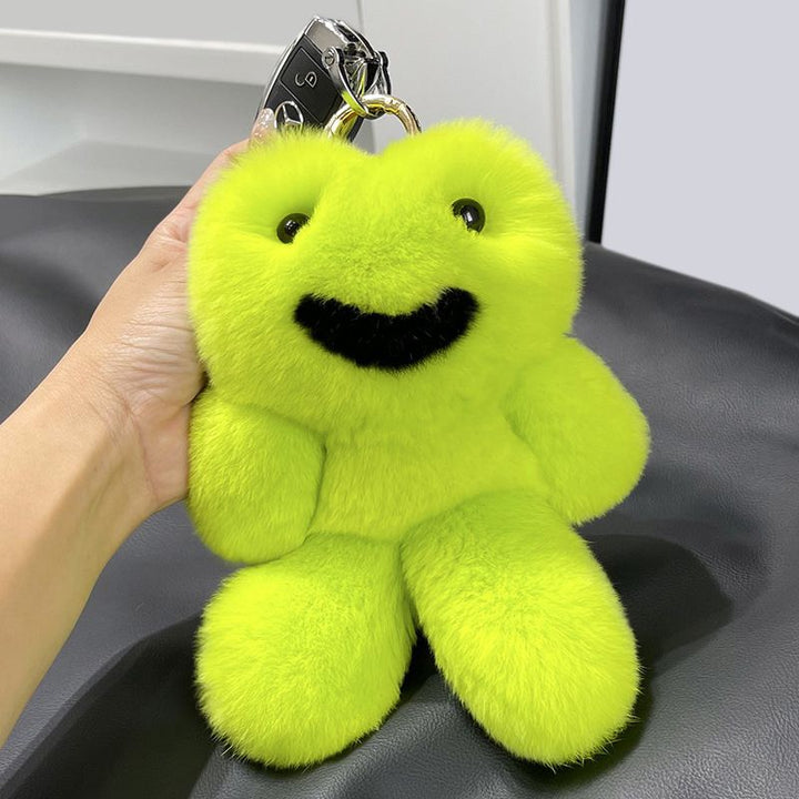 Fake-Smile Frog Funny Green Animal Real Rabbit Fur Keychain Plush Bag Charm