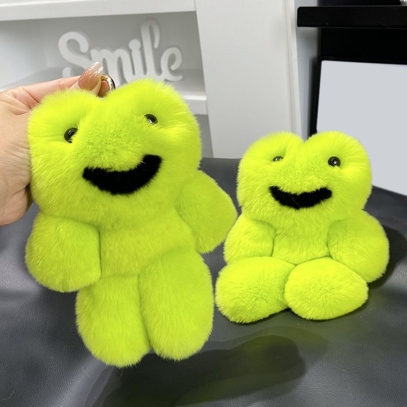 Fake-Smile Frog Funny Green Animal Real Rabbit Fur Keychain Plush Bag Charm