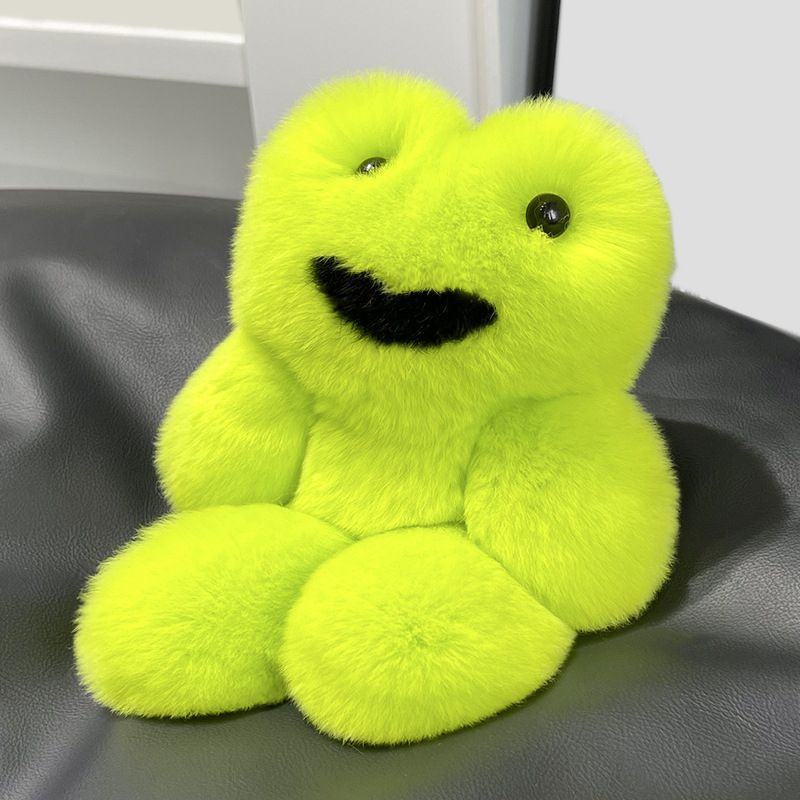 Fake-Smile Frog Funny Green Animal Real Rabbit Fur Keychain Plush Bag Charm