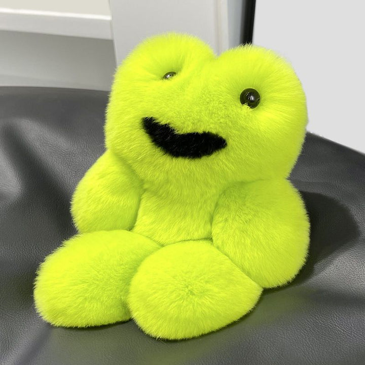 Fake-Smile Frog Funny Green Animal Real Rabbit Fur Keychain Plush Bag Charm